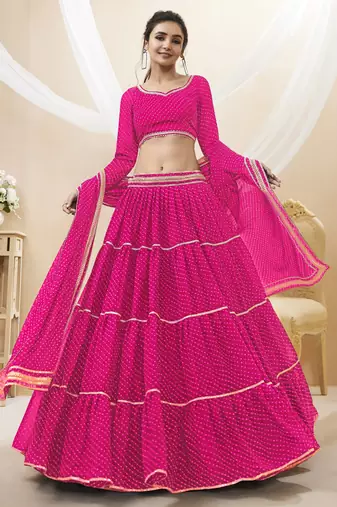 RANI PINK LEHRIYA PRINTED WITH LACE ALL OVER GEORGETTE NAVRATRI STITCHED LEHENGA CHOLI
