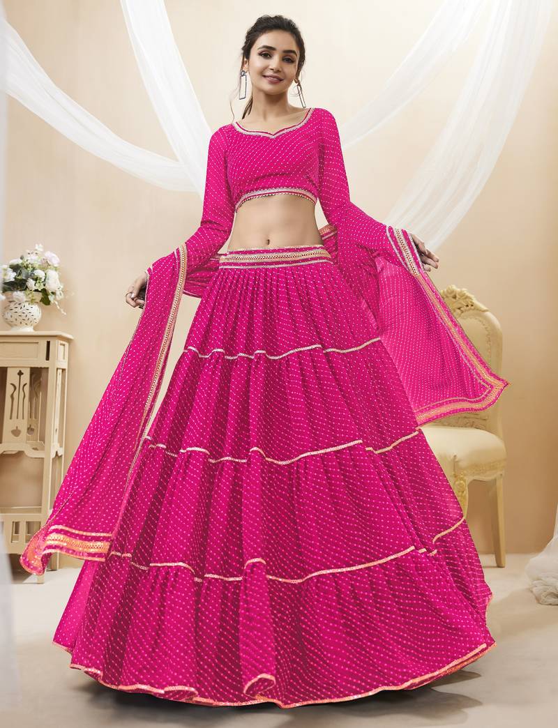 RANI PINK LEHRIYA PRINTED WITH LACE ALL OVER GEORGETTE NAVRATRI STITCHED LEHENGA CHOLI