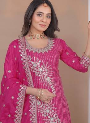pink traditional wear heavy embroidered designer readymade sharara suit for women's 3