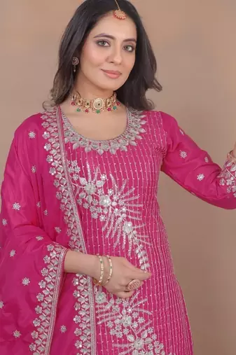 pink traditional wear heavy embroidered designer readymade sharara suit for women's