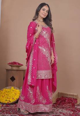 pink traditional wear heavy embroidered designer readymade sharara suit for women's 4