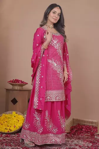 pink traditional wear heavy embroidered designer readymade sharara suit for women's