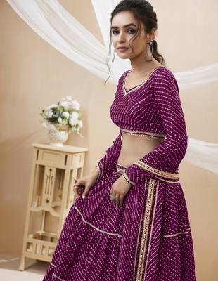 PURPLE LEHRIYA PRINTED WITH LACE ALL OVER GEORGETTE NAVRATRI STITCHED LEHENGA CHOLI 3