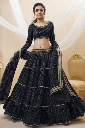 BLACK LEHRIYA PRINTED WITH LACE ALL OVER GEORGETTE NAVRATRI STITCHED LEHENGA CHOLI