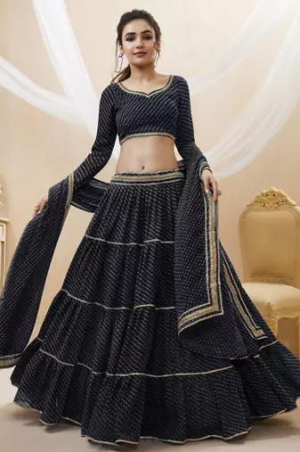 BLACK LEHRIYA PRINTED WITH LACE ALL OVER GEORGETTE NAVRATRI STITCHED LEHENGA CHOLI