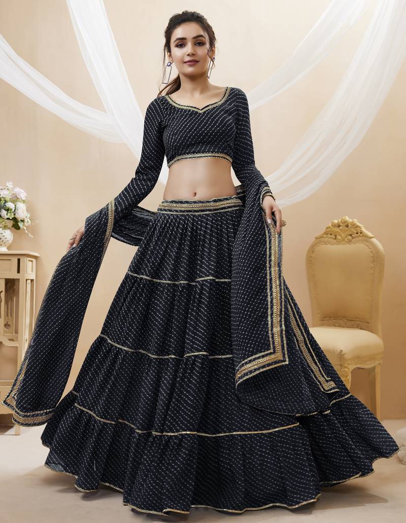 BLACK LEHRIYA PRINTED WITH LACE ALL OVER GEORGETTE NAVRATRI STITCHED LEHENGA CHOLI