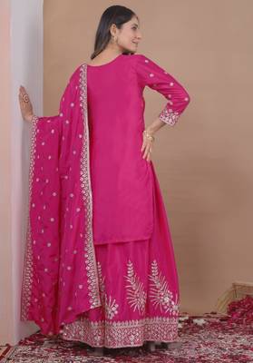 pink traditional wear heavy embroidered designer readymade sharara suit for women's 5