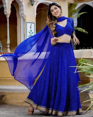 BLUE ZARI & CODING LACE WORK WITH LEHERIYA PRINTED GEORGETTE NAVRATRI STITCHED LEHENGA CHOLI 5