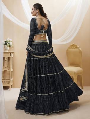 BLACK LEHRIYA PRINTED WITH LACE ALL OVER GEORGETTE NAVRATRI STITCHED LEHENGA CHOLI 2