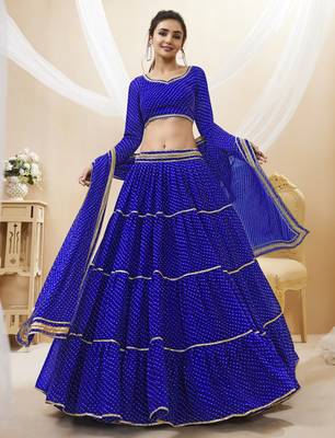BLUE LEHRIYA PRINTED WITH LACE ALL OVER GEORGETTE NAVRATRI STITCHED LEHENGA CHOLI 1