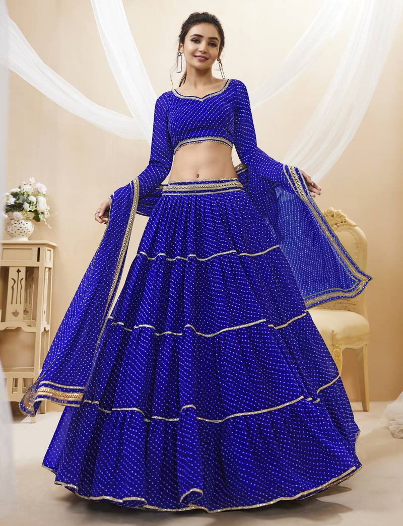 BLUE LEHRIYA PRINTED WITH LACE ALL OVER GEORGETTE NAVRATRI STITCHED LEHENGA CHOLI