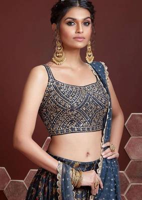 BLUE DIGITAL PRINT & EMBROIDERY WITH REAL MIRROR CHINNON SILK STITCHED LEHENGA 2