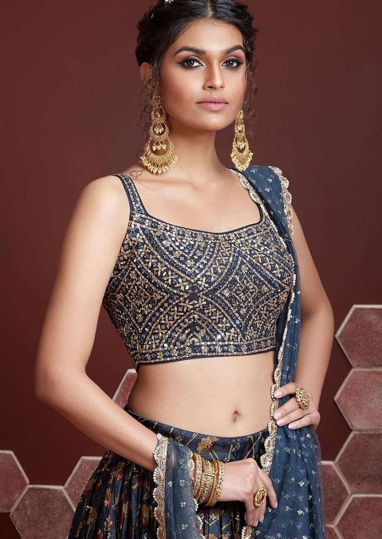 BLUE DIGITAL PRINT & EMBROIDERY WITH REAL MIRROR CHINNON SILK STITCHED LEHENGA