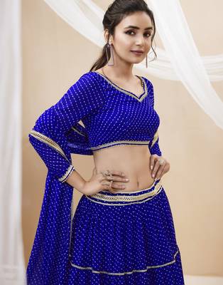 BLUE LEHRIYA PRINTED WITH LACE ALL OVER GEORGETTE NAVRATRI STITCHED LEHENGA CHOLI 2
