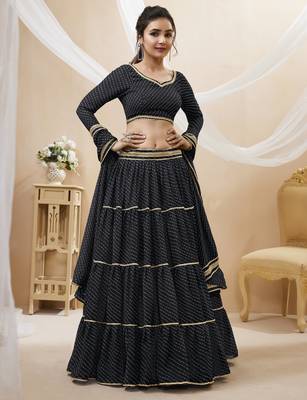 BLACK LEHRIYA PRINTED WITH LACE ALL OVER GEORGETTE NAVRATRI STITCHED LEHENGA CHOLI 4