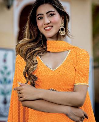 YELLOW ZARI & CODING LACE WORK WITH LEHERIYA PRINTED GEORGETTE NAVRATRI STITCHED LEHENGA CHOLI 2