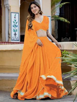 YELLOW ZARI & CODING LACE WORK WITH LEHERIYA PRINTED GEORGETTE NAVRATRI STITCHED LEHENGA CHOLI 4