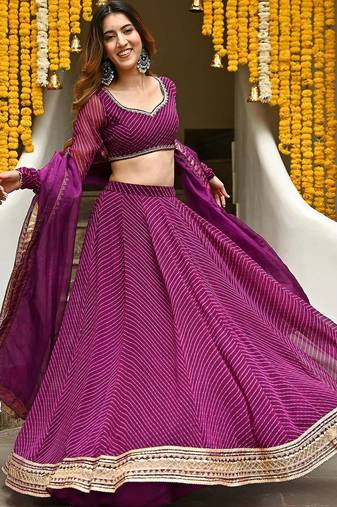 PURPLE ZARI & CODING LACE WORK WITH LEHERIYA PRINTED GEORGETTE NAVRATRI STITCHED LEHENGA CHOLI