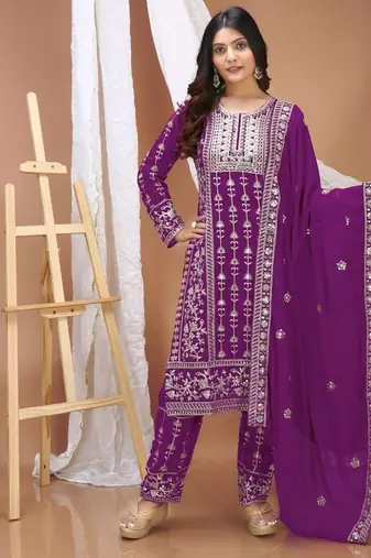 women's stylish purple faux georgette embroidered palazzo suit with dupatta 