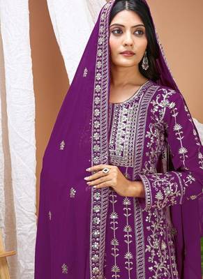 women's stylish purple faux georgette embroidered palazzo suit with dupatta  3