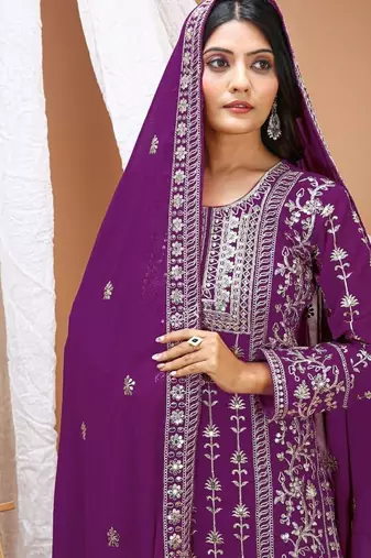 women's stylish purple faux georgette embroidered palazzo suit with dupatta 