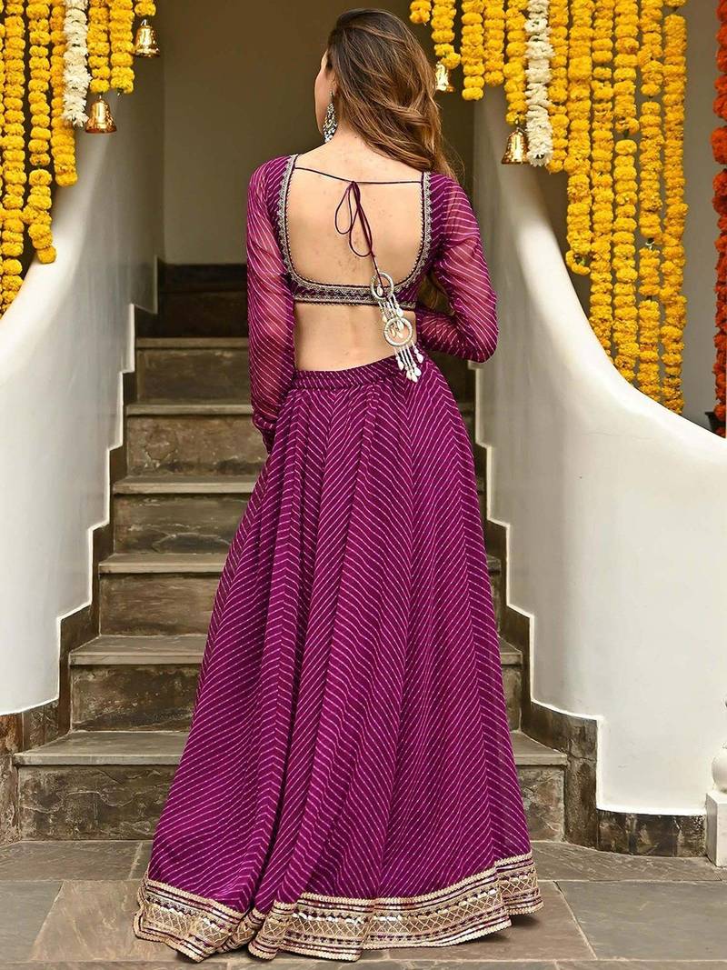 PURPLE ZARI & CODING LACE WORK WITH LEHERIYA PRINTED GEORGETTE NAVRATRI STITCHED LEHENGA CHOLI