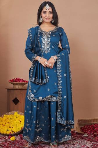  blue silk blend  sequin embroidered sharara suit stitched for women's