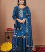  blue silk blend  sequin embroidered sharara suit stitched for women's