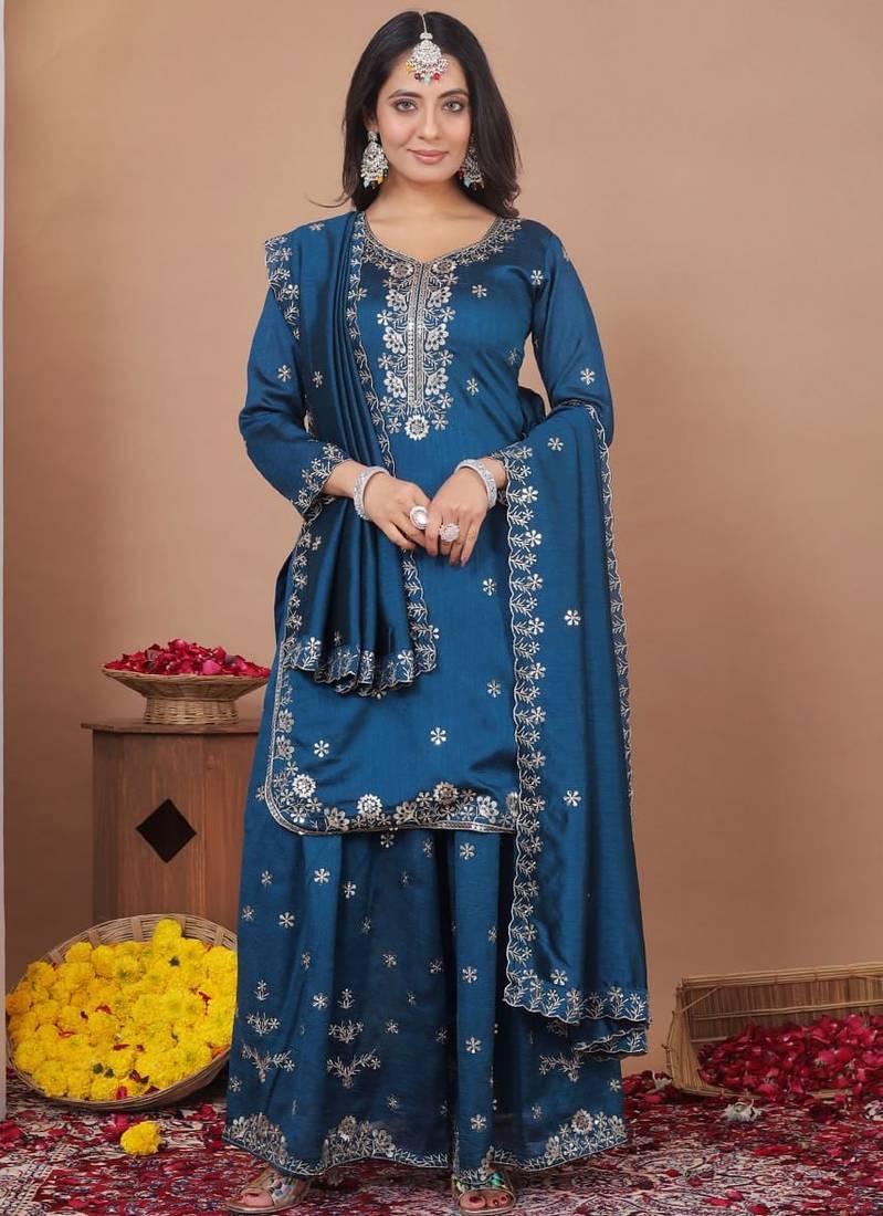  blue silk blend  sequin embroidered sharara suit stitched for women's