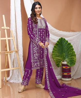 women's stylish purple faux georgette embroidered palazzo suit with dupatta  4