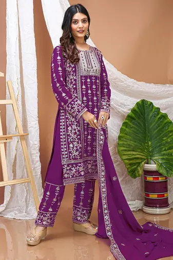 women's stylish purple faux georgette embroidered palazzo suit with dupatta 