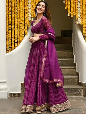 PURPLE ZARI & CODING LACE WORK WITH LEHERIYA PRINTED GEORGETTE NAVRATRI STITCHED LEHENGA CHOLI 4