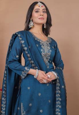  blue silk blend  sequin embroidered sharara suit stitched for women's 3