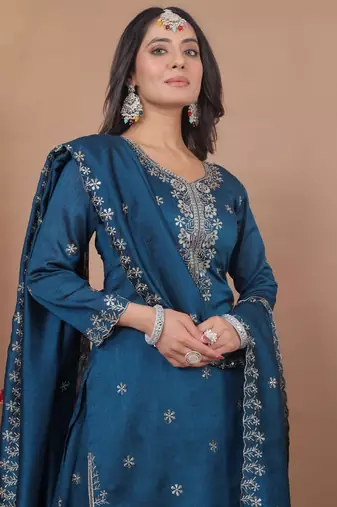  blue silk blend  sequin embroidered sharara suit stitched for women's