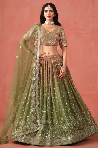 MEHENDI GEORGETTE SEQUINS & ZARI EMBROIDERED STITCHED LEHENGA CHOLI