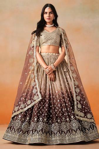 BROWN GEORGETTE SEQUINS & ZARI EMBROIDERED STITCHED LEHENGA CHOLI