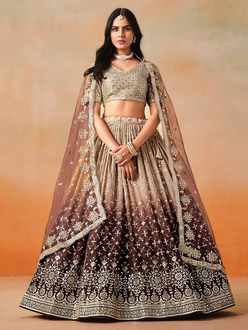 BROWN GEORGETTE SEQUINS & ZARI EMBROIDERED STITCHED LEHENGA CHOLI