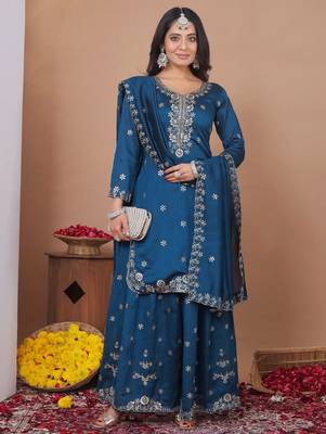  blue silk blend  sequin embroidered sharara suit stitched for women's 4