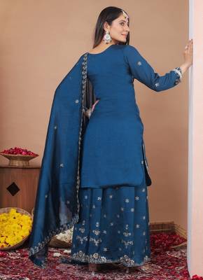  blue silk blend  sequin embroidered sharara suit stitched for women's 5