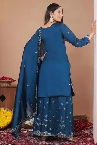  blue silk blend  sequin embroidered sharara suit stitched for women's