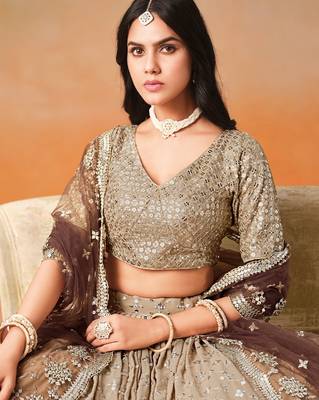 BROWN GEORGETTE SEQUINS & ZARI EMBROIDERED STITCHED LEHENGA CHOLI 2