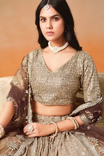 BROWN GEORGETTE SEQUINS & ZARI EMBROIDERED STITCHED LEHENGA CHOLI