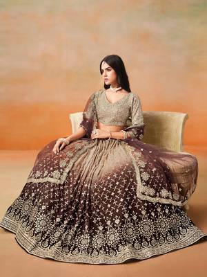 BROWN GEORGETTE SEQUINS & ZARI EMBROIDERED STITCHED LEHENGA CHOLI 4