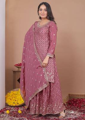 onion pink silk blend  sequin embroidered sharara suit for women's 4