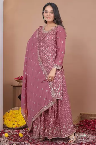 onion pink silk blend  sequin embroidered sharara suit for women's