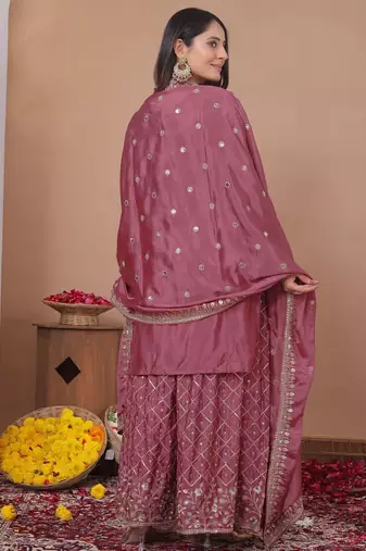 onion pink silk blend  sequin embroidered sharara suit for women's