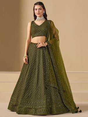 MEHENDI GEORGETTE SEQUINS & THREAD EMBROIDERED STITCHED LEHENGA CHOLI 1