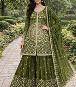 mehendi silk blend  sequin embroidered stitched sharara suit with dupatta for women's