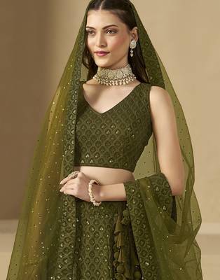 MEHENDI GEORGETTE SEQUINS & THREAD EMBROIDERED STITCHED LEHENGA CHOLI 2