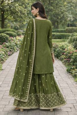 mehendi silk blend  sequin embroidered stitched sharara suit with dupatta for women's 4